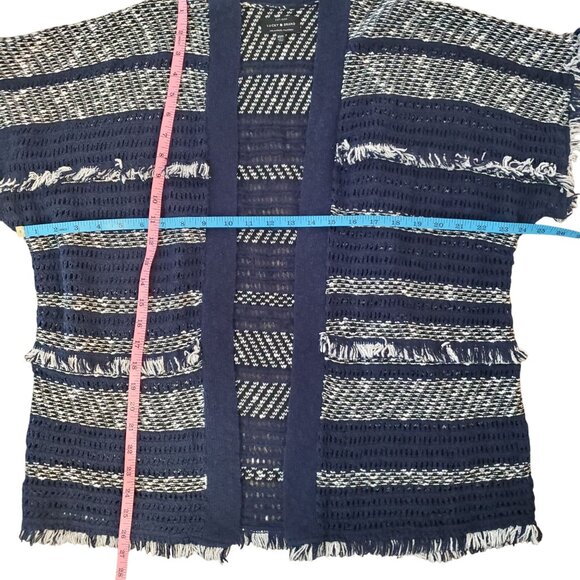 Lucky Brand Blue White Open Front Short Sleeve Boho Fringe Poncho Cardigan XS/S - Picture 7 of 8